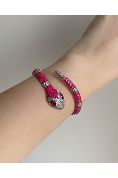 Owentis Çelik Silver & Pembe  Zirkon Taşlı Bvlgari Model Sarmal Yılan Kelepçe...