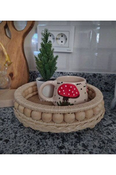 Homestar Ahşap Hasır Dekoratif Sepet Mutfak Sunumluk Tepsi Modeli Çap 21cm