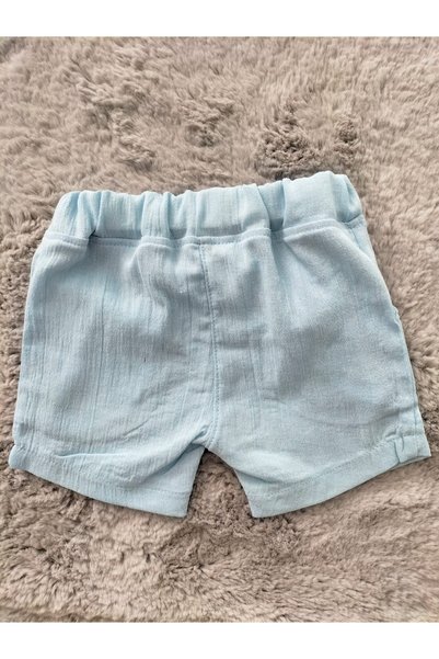 Butik Men's Organic Şile Fabric Cotton Blue Baby and Children's Shorts with Elastic Pocketed and Pockets