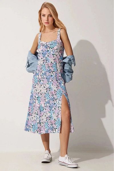 hazelin Ροζ Μπλε Floral Καλοκαιρινό Φόρεμα Βισκόζης - Τετράγωνος Γιακάς Hzl23s-bd 122821