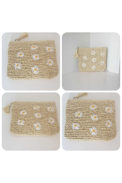 PeriStore Papatya Hasır El Örmesi Fermuarlı Portföy Çanta 28x22cm.