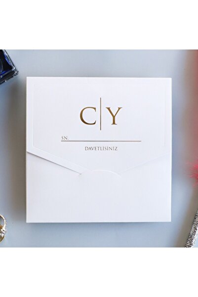 Pixel Davetiye Krem Kapaklı Yaldızlı Davetiye - 50 Adet - Düğün - Nişan - Kına - Sünnet - Nikah Davetiyesi - 8744