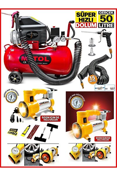 PROXTECH 50 Litre Yağlı Sesli Hızlı Hava Kompresörü 2Hp 8 Bar ve Çakmaklığı Takılan Mini Araç Kompresörü
