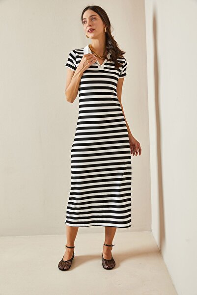 XHAN Schwarzes Midikleid mit Rollkragen und Streifen - 5YXK6-48699-02