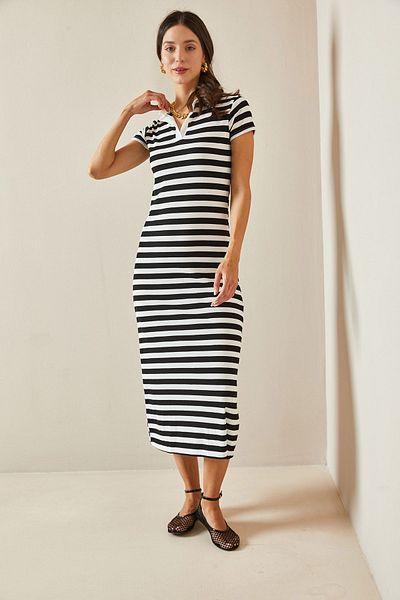 XHAN Schwarzes Midikleid mit Rollkragen und Streifen - 5YXK6-48699-02