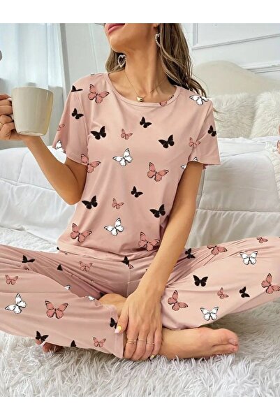 Viyamo Γυναικείο μονό ζέρσεϊ σετ δύο τεμαχίων με στάμπα πεταλούδας - λαιμόκοψ...