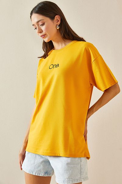 XHAN Crew Neck Yellow Oversize T-Shirt - Printed - 5YXK1-48703-10