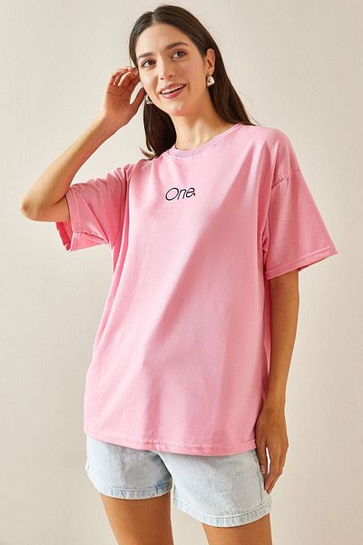 XHAN Printed Pink Oversize T-shirt - Crew Neck 5YXK1-48703-20