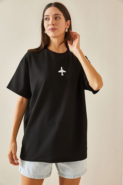 XHAN Written Black Oversize T-shirt - Crew Neck 5YXK1-48701-02