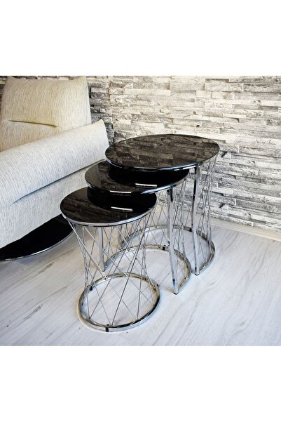 SEDAŞ LIVING UNITS 3 lü Hasır Model Siyah (Temperli Cam) Gümüş Ayak Zigon Sehpa