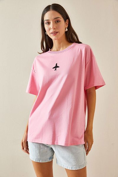 XHAN Crew Neck Pink Oversize T-Shirt - Printed - 5YXK1-48701-20