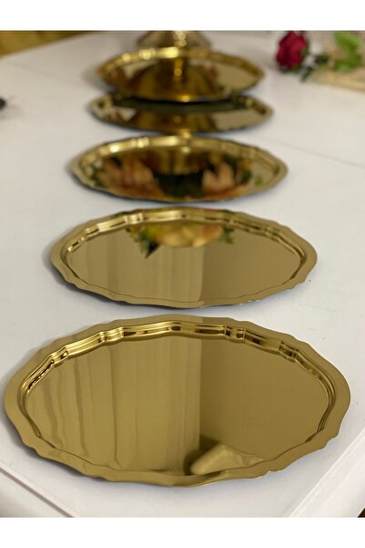 Elzemm store 20*25 CM PARLAK GOLD OVAL MODEL 3 ADET SERVİS VE SUNUM TEPSİSİ