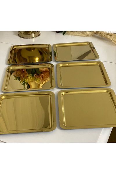 Elzemm store 6 Adept Square Shiny Model - Steel Gold Plated Service and Presentation Tray