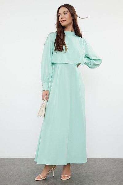 Trendyol Modest Υφαντό φόρεμα σε χρώμα μέντας - Λεπτομερές κομμάτι TCTSS24EB00190