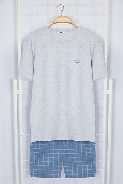 Trendyol Collection Crew Neck Šedé Vyšívané Modré Pletené šortky Sada pyžama - TMNSS2PT00051
