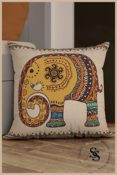 SasoHome 3D Digital Printed Throw Pillow Cover with Ethnic Indian Embroidered Elephant Pattern on Cream Background