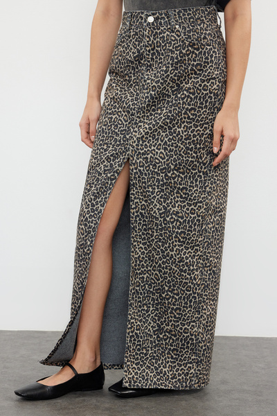 Trendyol Collection Többszínű leopárdmintás barna midi farmerszoknya TWOAW25ET00009