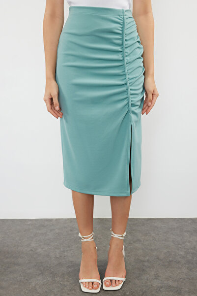 Trendyol Collection Crepe Fabric Midi Knitted Skirt - Khaki Drape and Slit Detail TWOSS23ET00316