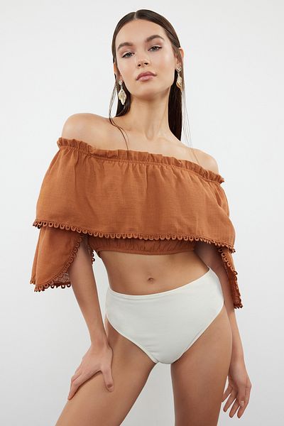 Trendyol Collection Καφέ Crop Woven Flounces Μπλούζα παραλίας TBESS24BZ00008