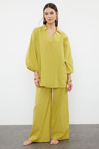 Trendyol Collection Green Woven 100% Cotton Blouse Pants Set TBESS24AU00070