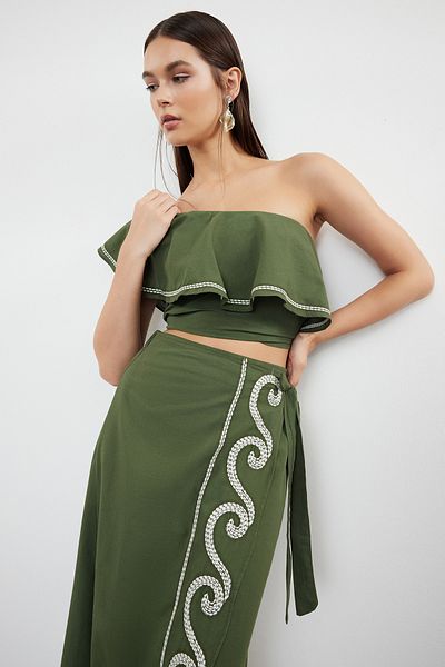 Trendyol Collection Khaki szőtt lendkerekes egy váll 100% pamut blúz szoknya strandkészlet TBESS24AU00009