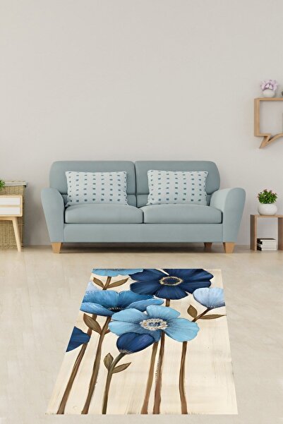 on the clouds Kremrengi Zemin Mavi Çiçek Desen Yıkanabilir Kaymaz Taban Leke ...