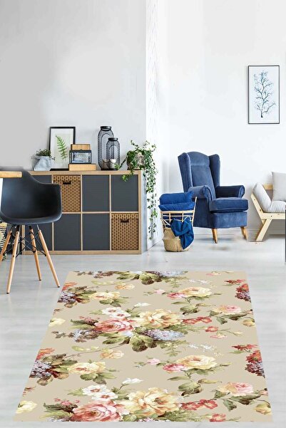 on the clouds Vintage Yeşil Yaprak Gül Buketleri Desenli Yıkanabilir Kaymaz T...