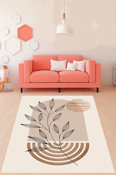 on the clouds Bohem Soyut Desenli Bej İskandinav Yıkanabilir Kaymaz Taban Lek...