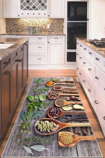 on the clouds Gri Zemin Yeşillikler Ve Baharat Desenli Yıkanabilir Kaymaz Tab...