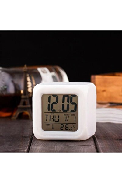 hediyesahibi 7 Renk Değiştiren Alarmlı Termometreli Masa Saati Gece Lambası D...