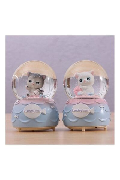 hediyesahibi Sevimli Kedi Orta Boy Püskürtmeli Işıklı Müzikli Kar Küresi