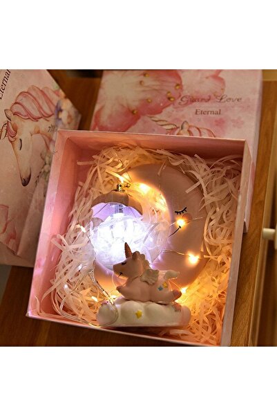 hediyesahibi Dekoratif Ay Dede Ve Minik Unicorn Temalı Masa Lambası Ve Biblo-Karışık