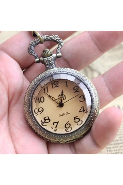 hediyesahibi Quartz Chain Pocket Watch with Retro Glass Cover
