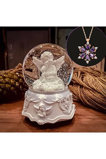 hediyesahibi Masum Melek Orta Boy Işıklı Müzikli Kar Küresi Lotus Çiçeği Kolye