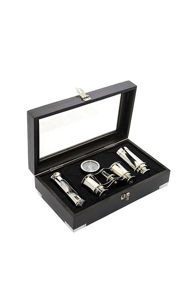 Hediye Sahibi Brass Binoculars Compass and Hourglass Set with Wooden Box