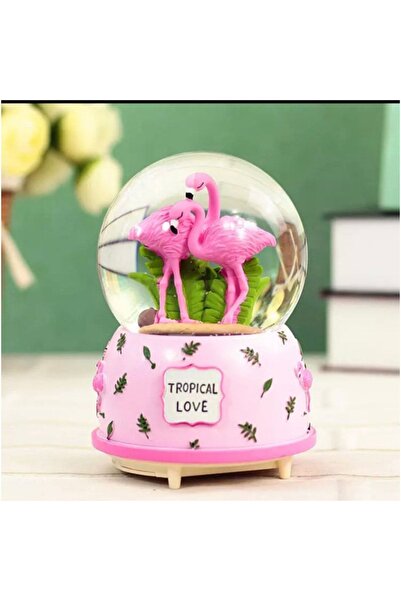 hediyesahibi Flamingolu Temalı Işıklı Müzikli Püskürtmeli Büyük Boy Kar Küresi