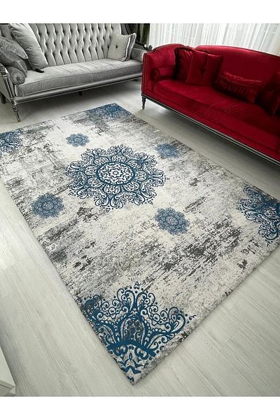 Madame Clean Home Blue Sultan Model Silk Velvet Elastic Carpet Cover