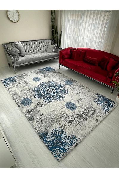 Madame Clean Home Blue Sultan Model Silk Velvet Elastic Carpet Cover