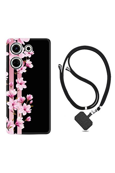 TECNO Camon 20 Pro Kılıf Desenli İpli Boyun Askılı Silikon Pink Flowers 3 1393