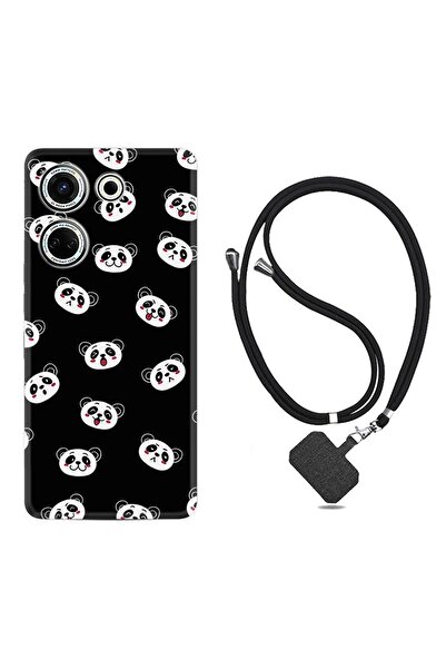 TECNO Camon 20 Pro Kılıf Desenli İpli Boyun Askılı Silikon Panda Suratları 1773