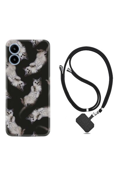 omix X5 Kılıf Desenli İpli Boyun Askılı Silikon Sevimli Kedicikler 1785