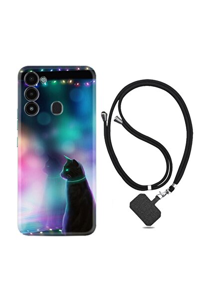 TECNO Spark 8c Kılıf Ipli Boyun Askılı Desenli Silikon Window Cat 1787