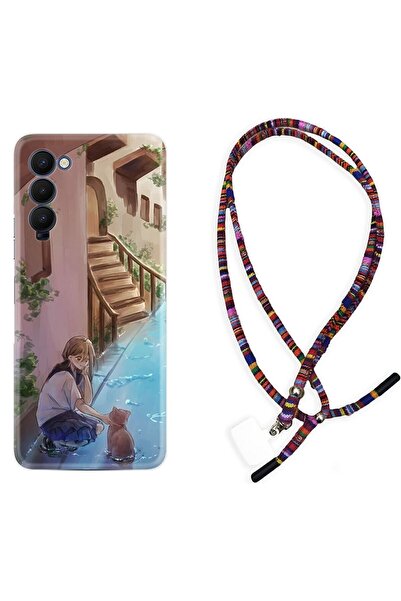 TECNO Camon 18 Kılıf Rasta Ipli Boyun Askılı Desenli Silikon Cat And Girl 1808