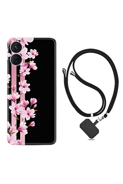 TECNO Spark 9 Pro Kılıf Ipli Boyun Askılı Desenli Silikon Pink Flowers 3 1393