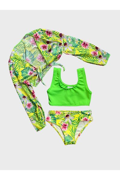 ALİŞ KİDS Green Floral Patterned Girl's Bikini Set - 3 Pieces with Pareo