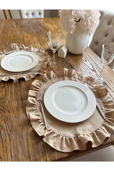 Decamor home 2 τμχ Λινά Μπεζ βολάν Στρογγυλό Αμερικάνικο Υπηρεσία Αδιάβροχο ύφασμα