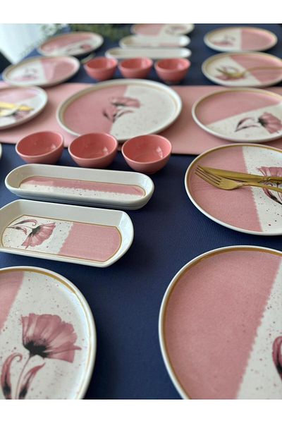 VENÜS HOME DECORATION Poppy Model 12-Person 23 Piece with Saucer Breakfast Set (Pink)
