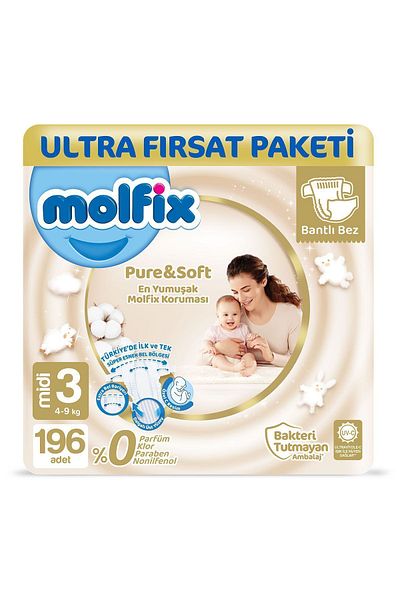 Molfix Pure&soft Baby Diapers Size 3 Midi Ultra Package 196pcs