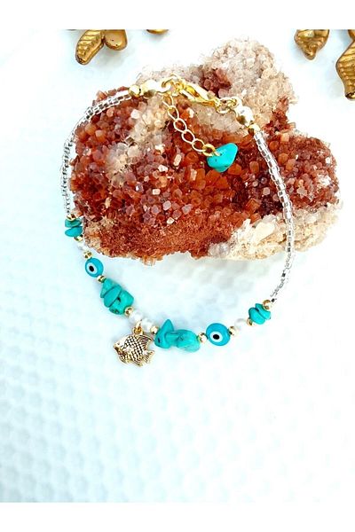 By Song Aksesuar Turquoise Natural Stone Anklet with Eye Apparatus