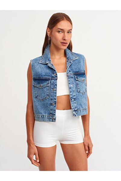 Womenist34 Kadın Indigo Gömlek Yaka Cep Detaylı %100 Pamuk Denim Yelek Ceket